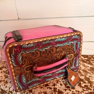 Pink Tooled Leather Feather Accent jewelry/ makeup box!